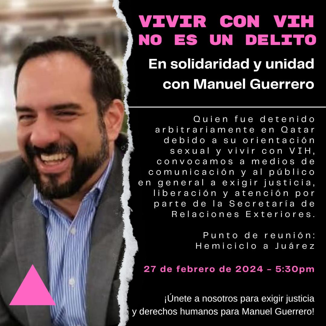 En lo que la @SRE_mx dale a explicar exactamente cuál es la situación de Manuel Guerrero y que nos diga además de 'acompañar' que están esperando para que tenga acceso a sus antirretrovirales, nos vemos a las 5:30 en el Homociclo a Juárez🔥🔺 ¡Vivir con VIH no es delito!