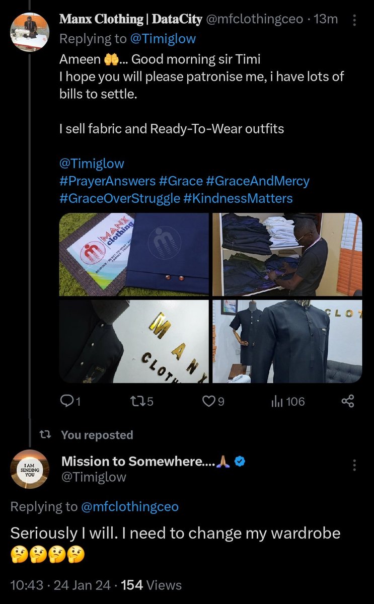mfclothingceo's tweet photo. @Timiglow @FavorGrace90 Na patronage i need M2S... Kindly look into this @Timiglow
Goodluck to the beneficiaries

#TemiAt34 #GraceOverStruggle #GodDidItForMe #PrayerAnswers #DoGood #MissionToSomewhere https://t.co/K7Big985D3