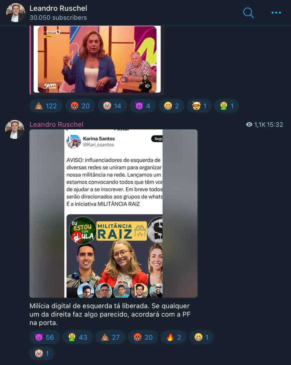 A extrema direita está em surto com a iniciativa Militância Raiz. @leandroruschel, desde quando usar o Whatsapp e o Telegram pra fazer política é crime? Inclusive vc cometeu essa calúnia contra o nosso pessoal justamente no Telegram. Crime é usar as redes sociais para pedir o