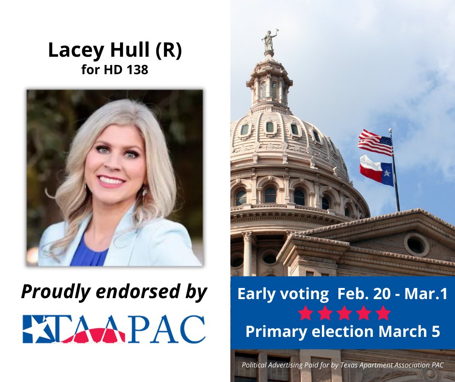 TAA PAC proudly endorses Lacey Hull for House District 138.