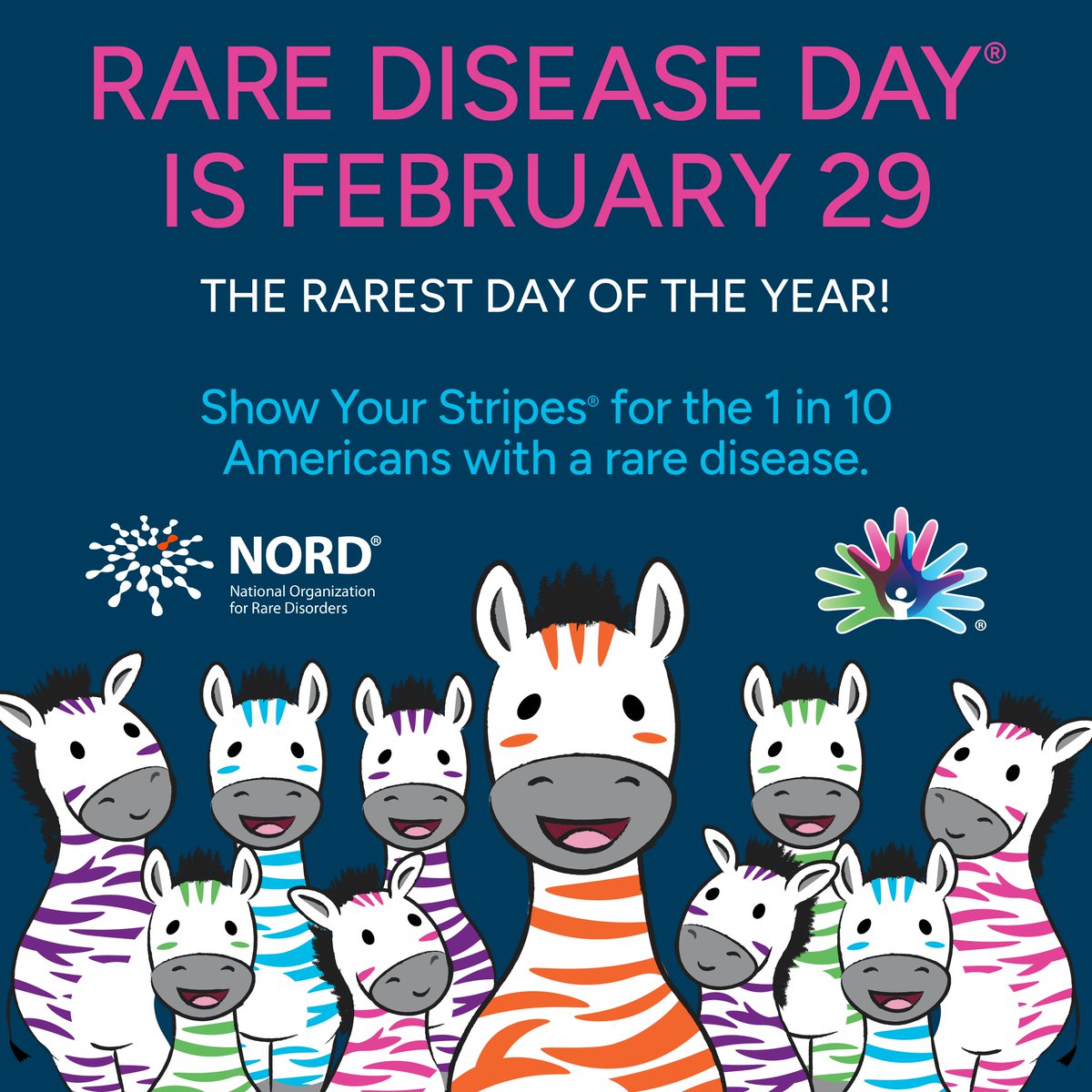 The zebra is the mascot for rare disease patients because, in medicine, zebras represent uncommon answers. One out of every 10 Americans has a rare disease. On February 29, #RareDiseaseDay, post a selfie with the hashtag #ShowYourStripes to share your rare story with others!
