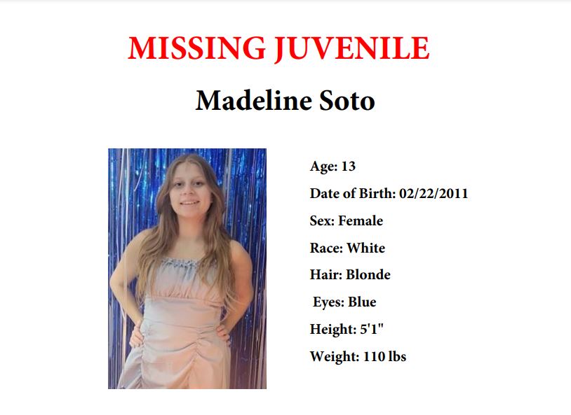 MISSING JUVENILE: 13-year-old Madeline Soto was last seen around 8:30 a.m. yesterday (Monday February 26) off of Village Park Drive (in the area of Town Loop Boulevard and Hunter’s Park Lane). She was wearing a green sweatshirt, black shorts and white Crocs. If you have seen…