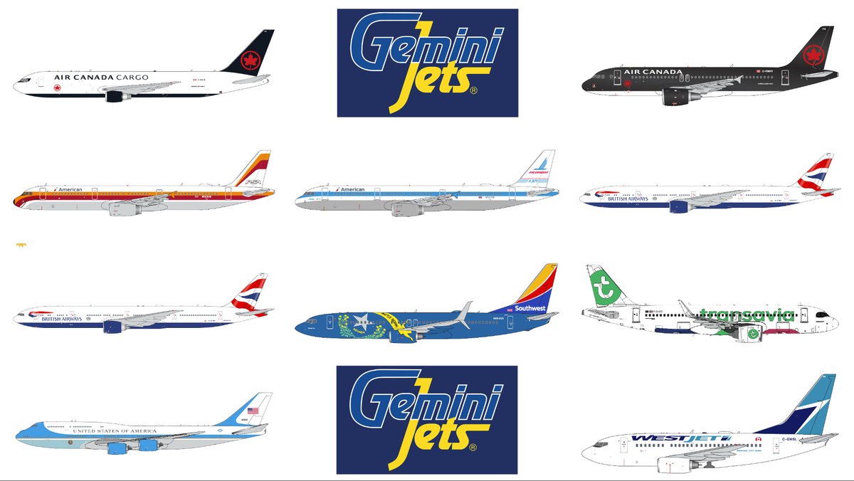 TAKEOFF! GeminiJets 1:400 Feb.-March 2024: Air Canada Cargo 767-300F, Air Canada Jetz A320, American Airlines A321 'Piedmont' & 'PSA,' British Airways 777-300ER, Southwest Airlines 737-800 'Nevada One,' Transavia A320neo, U.S. 'Air Force One' VC-25B (747-8), WestJet 737-600.