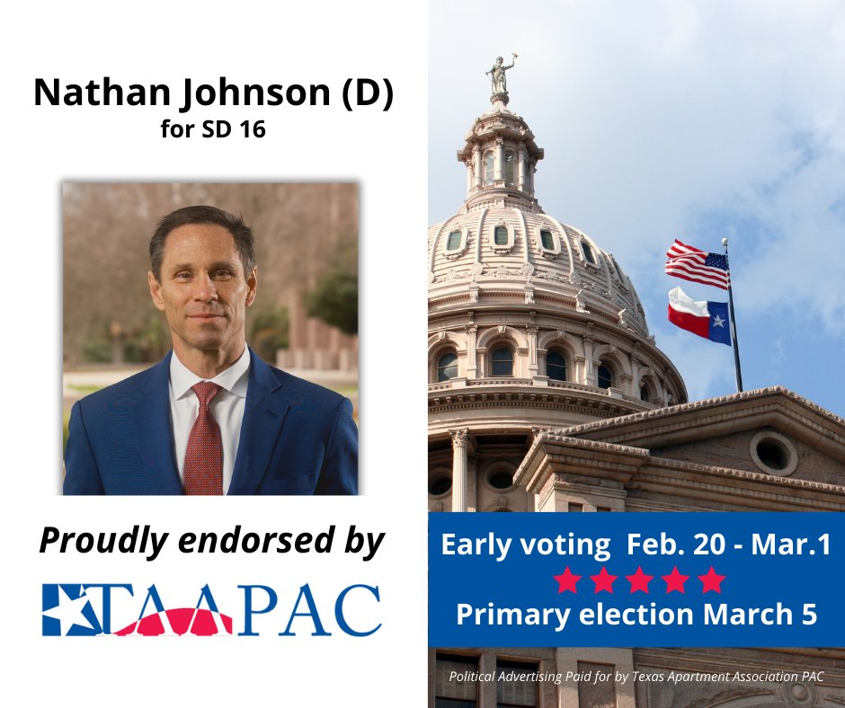 TAA PAC proudly endorses Nathan Johnson for Senate District 16.