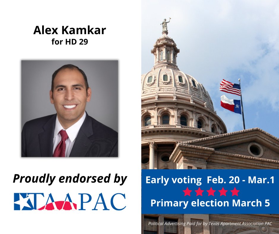 TAA PAC proudly endorses Alex Kamkar for House District 29.