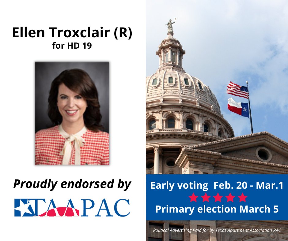 TAA PAC proudly endorses Ellen Troxclair for House District 19.