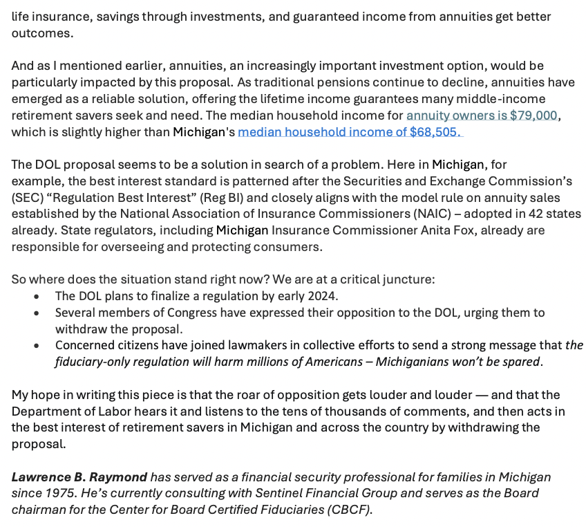 Our good friend Lawrence Raymond took to the pages of  @detroitnewstoday to share his thoughts on how harmful and problematic the DOL's fiduciary-only rule would be for the people of Michigan. #financialsecurityforall

Be sure to check it out! detroitnews.com/restricted/?re…