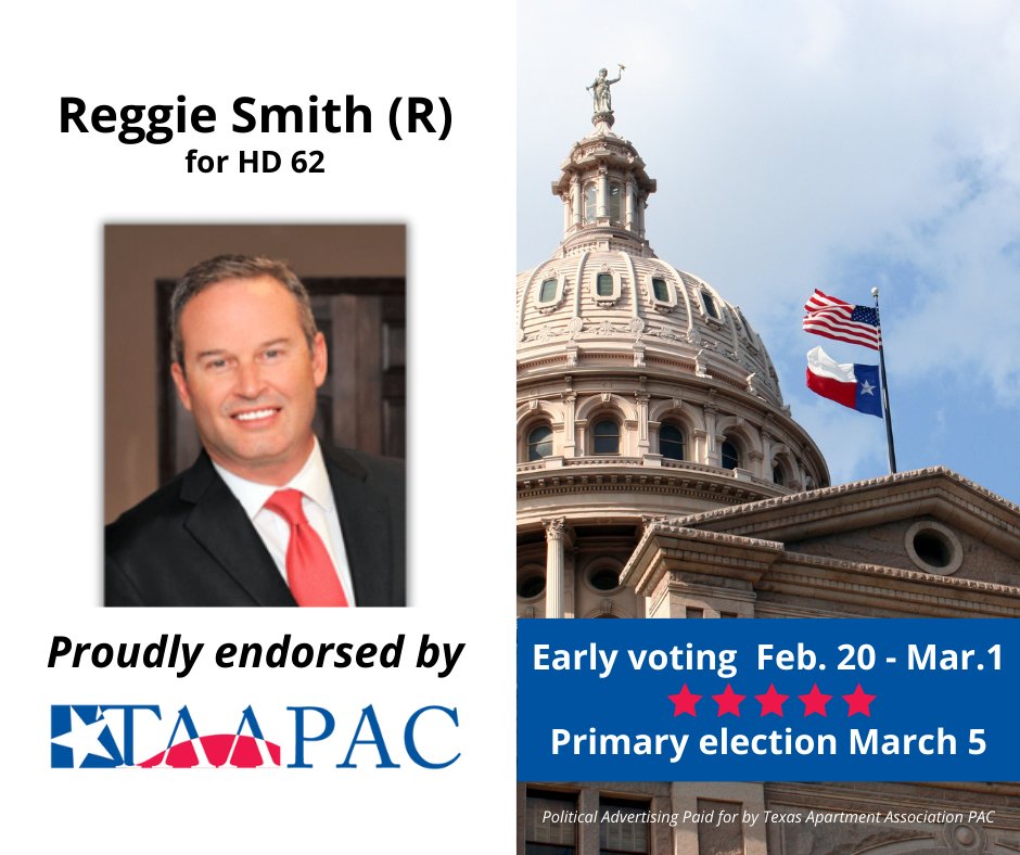 TAA PAC proudly endorses Reggie Smith for House District 62.