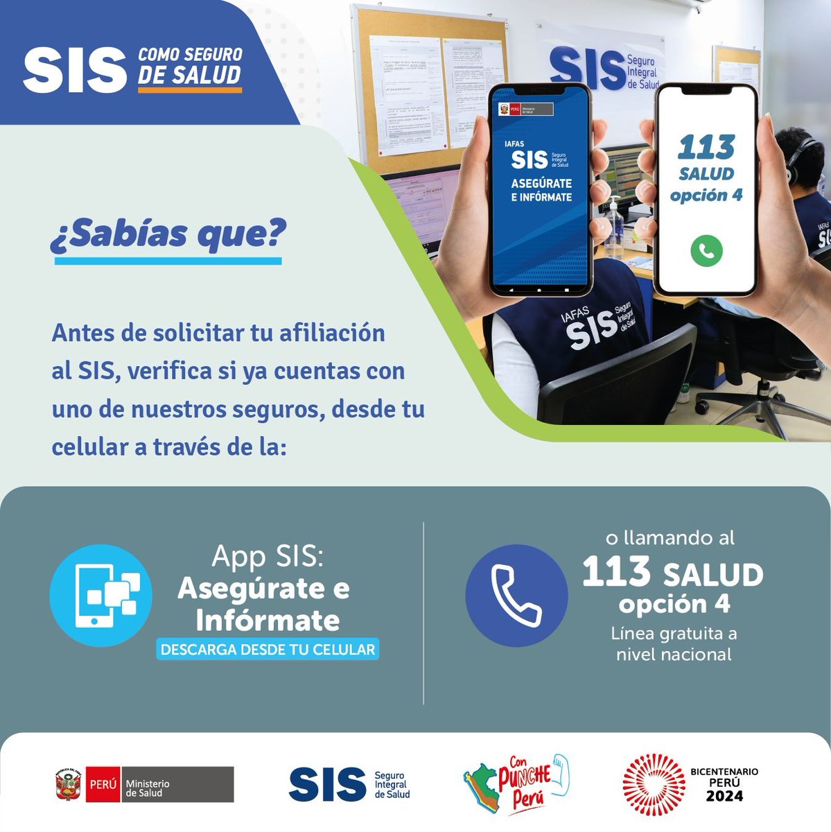 #SISestamosParaTi🏥
Antes de solicitar tu afiliación al SIS, verifica si ya cuentas con uno de nuestros seguros. Aprende cómo ⬇️

#HEJCU #SalvandoVidas @SISPeruOficial