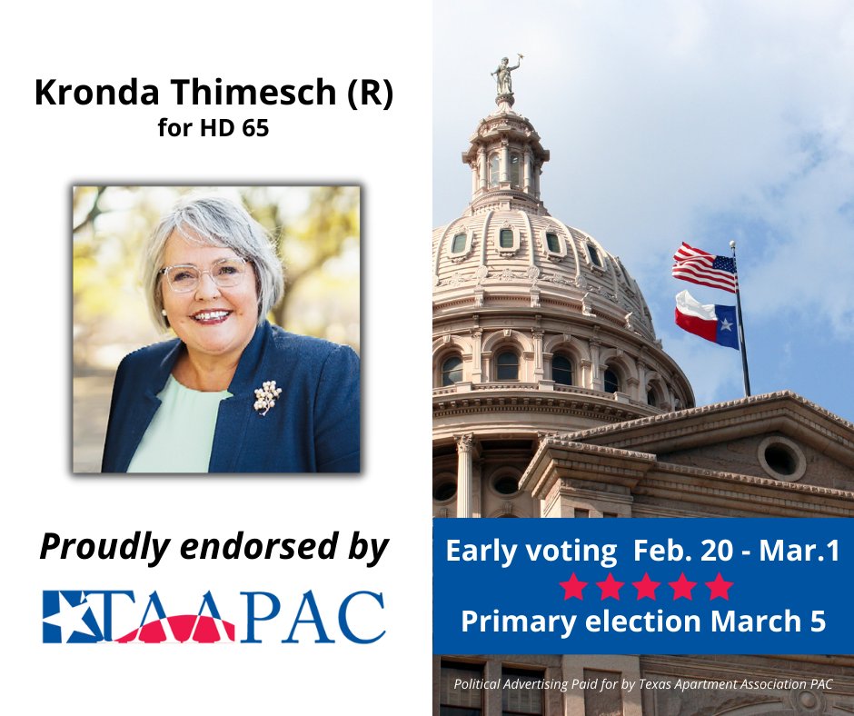 TAA PAC proudly endorses Kronda Thimesch for House District 65.