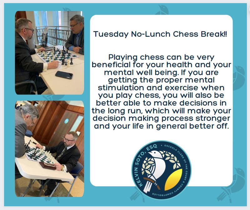 As part of our Wellness Initiative, Clerk & Comptroller Kelvin Soto, Esq. and Grand Maister Chris Mack engaged in some friendly chess playing at the courthouse!  #WellnessInitiative #ChessAtCourthouse #MindfulMoves #WorkplaceWellness