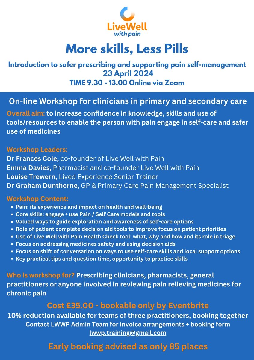 Want to learn more about how supporting self-management can assist with analgesic reviews in practice? Helping people live well with pain can help them to live well with fewer medicines too. Book on Eventbrite eventbrite.co.uk/e/more-skills-…