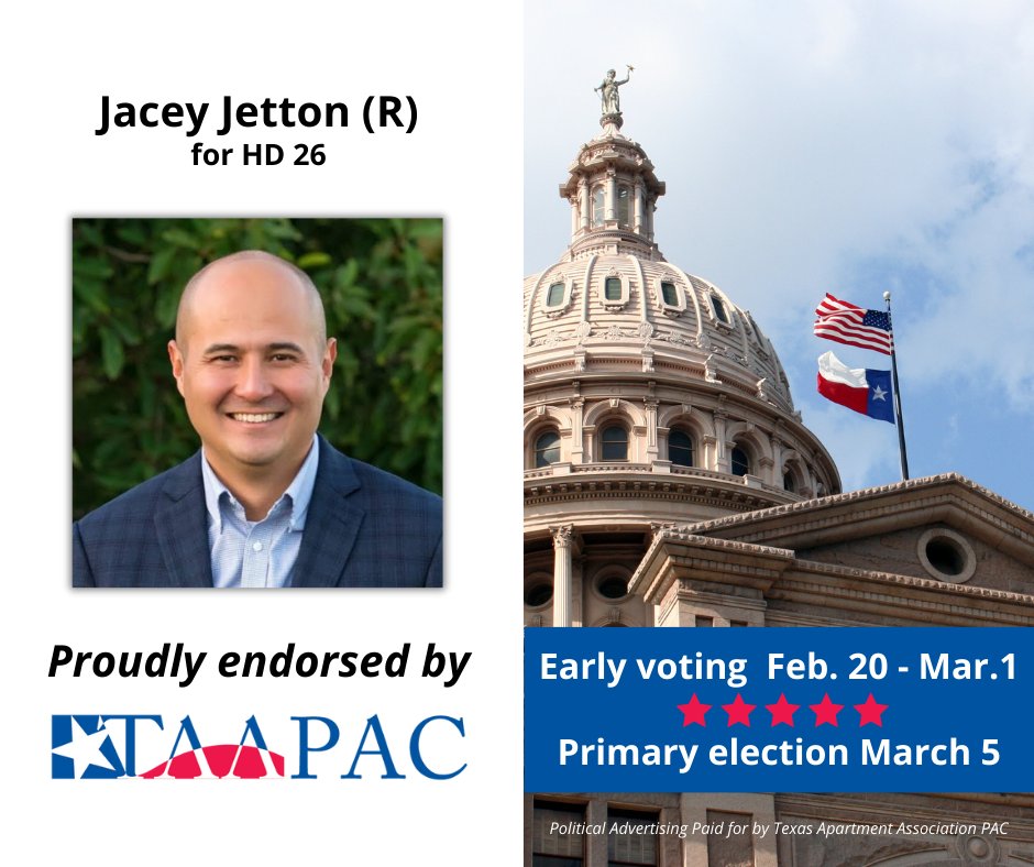 TAA PAC proudly endorses Jacey Jetton for House District 26.