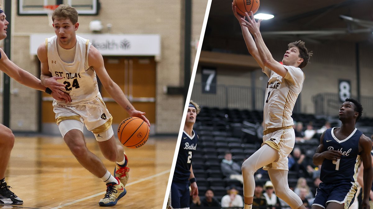 Kobe Kirk and Connor Martin of @StOlafMBB were among the 16 All-MIAC honorees in today's #MIAC Men's Basketball Awards! RELEASE: athletics.stolaf.edu/news/2024/2/27… #UmYahYah | #OlePride | #d3hoops