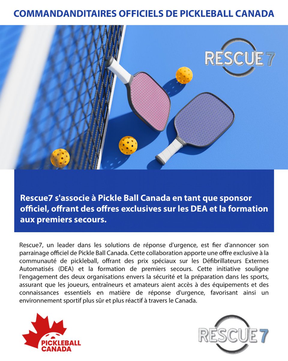 Rescue 7 est heureux d'offrir un SPÉCIAL exclusif à Pickleball Canada pour le mois de la santé cardiaque, utilisez le code promo PCOR7Feb2024 à la caisse et recevez votre Heartsine 350P pour $1,199.