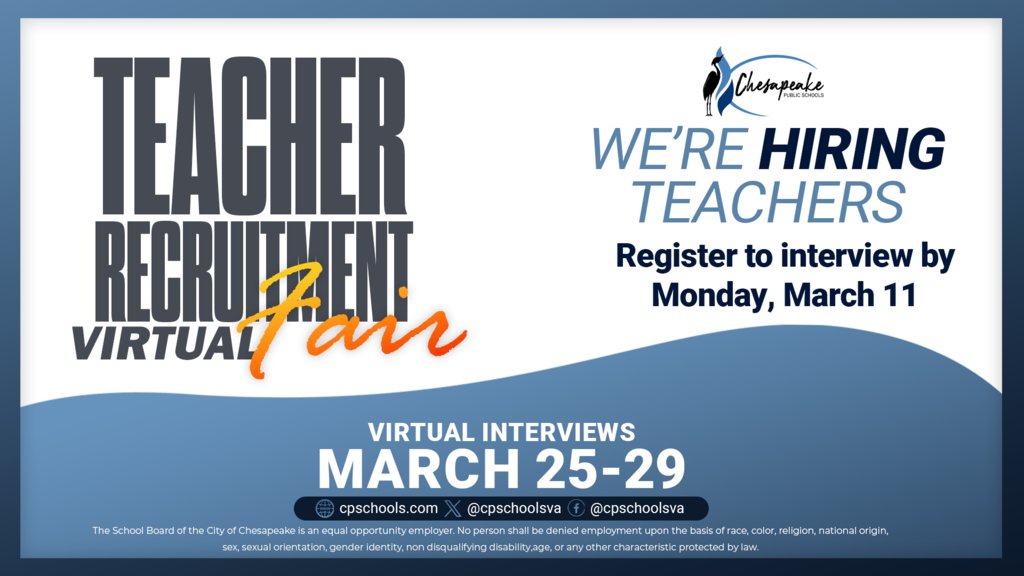 We are hosting a virtual teacher recruitment fair for the 2024-2025 school year. Interviews will be held March 25-29. Please complete the online registration by March 11, 2024, to secure your spot: cpschools.com/article/1469176 We can't wait to meet you! 📚