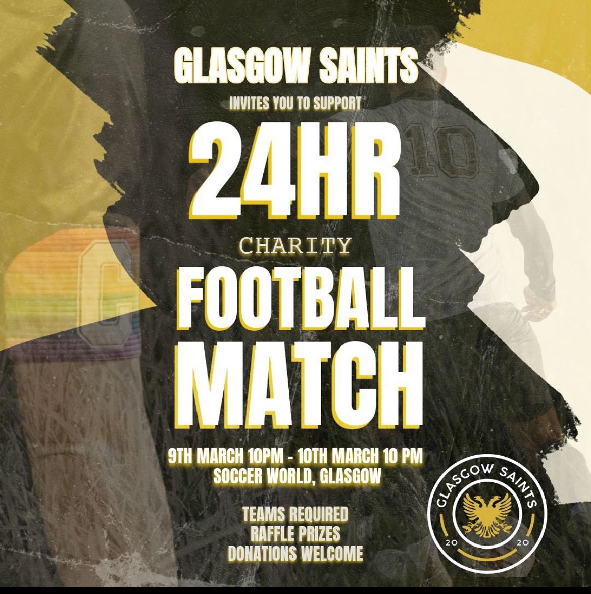 ✨⚽️ We’re looking for teams to take part in our 24-hour charity football match  ⚽️✨

Everyone is welcome to play and all levels! 

SoccerWorld Glasgow
10pm March 9th - 10pm 10th March

For more info and to book your slot follow the link 👇

glasgowsaints.bigcartel.com/product/24hr-c…
