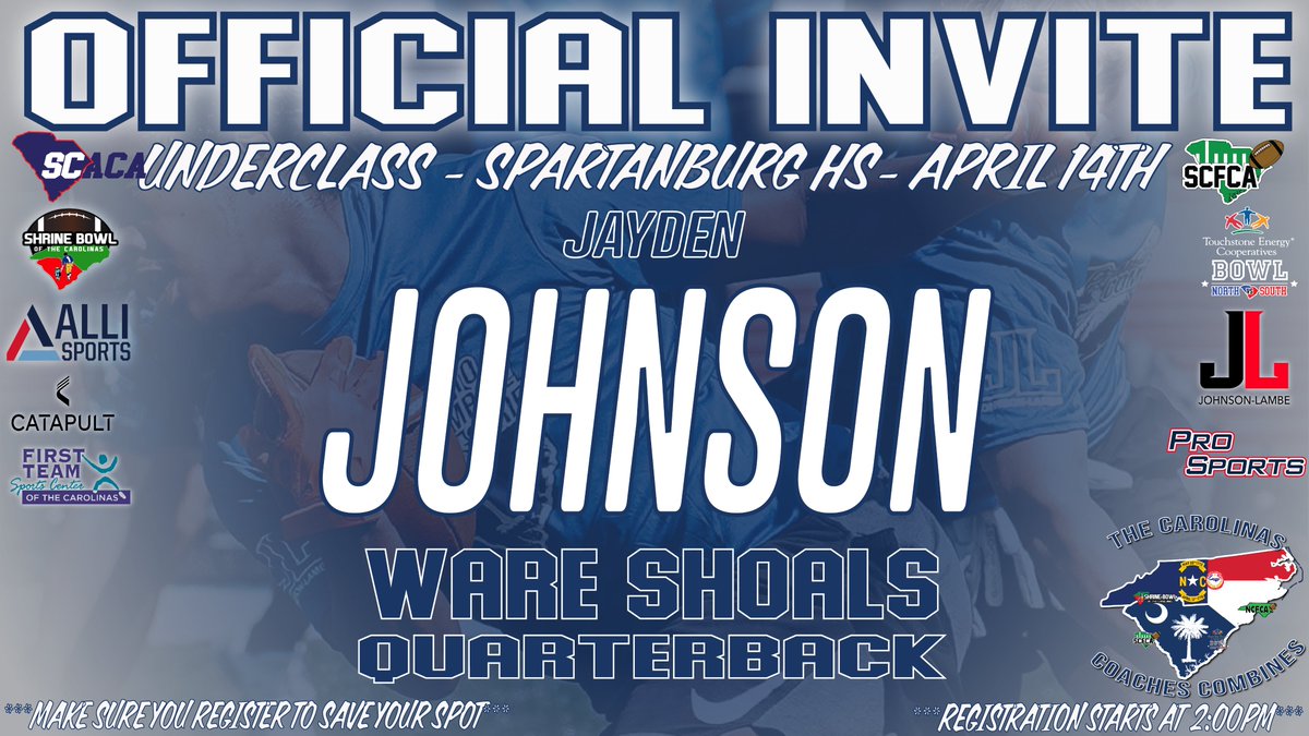 Congratulations on being selected to the Carolinas Coaches Combines Underclass at Spartanburg HS (c/o 26/27s)! See you on April 14 at 2pm!

Check your email to register!

#CarolinasCoaches24  <a href="/JohnsonLambe/">Johnson Lambe Sporting Goods</a>

<a href="/dodsons0611/">Coach Dodson</a>