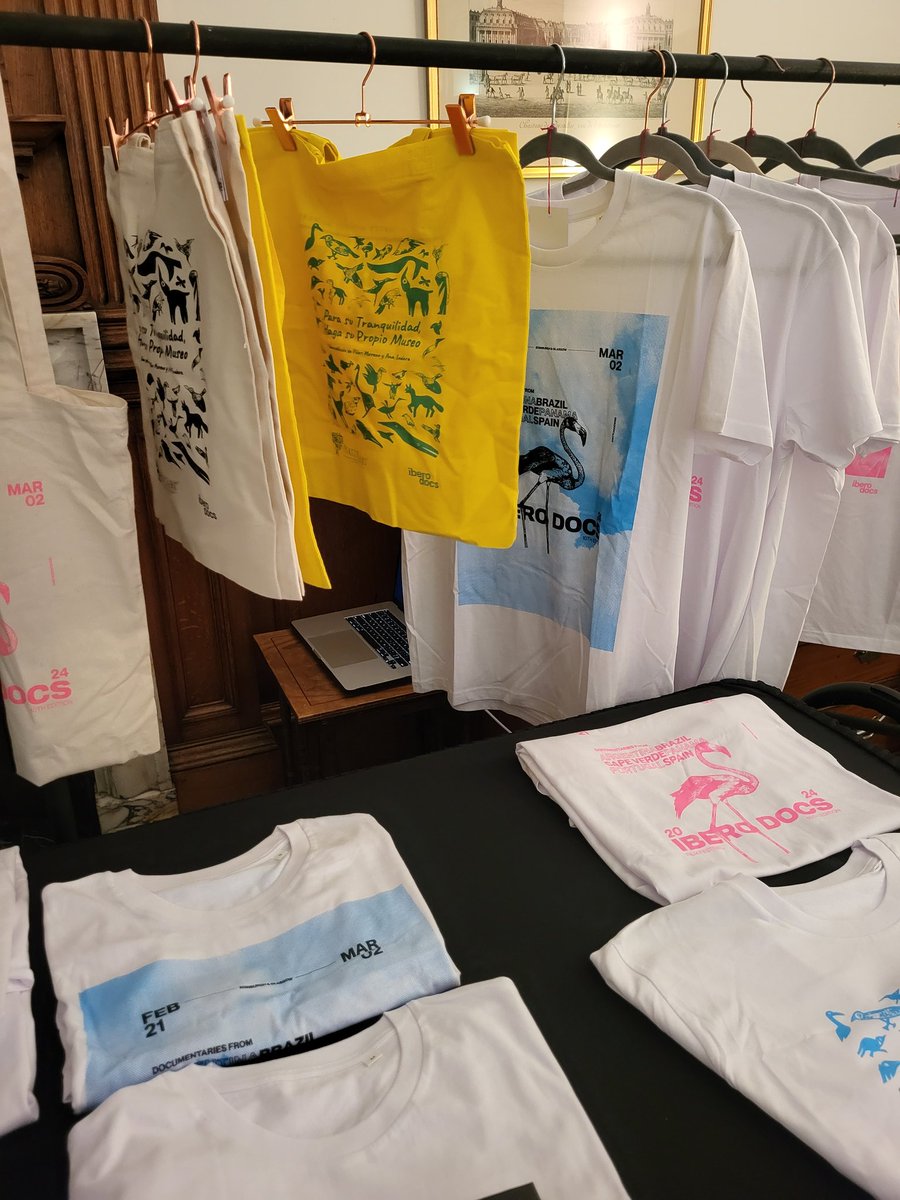 We have fantastic #IberoDocs merchandise for the festival, including handmade, screen-printed tees and tote bags by textile artist Karina Pasiut and cute postcards 🎉