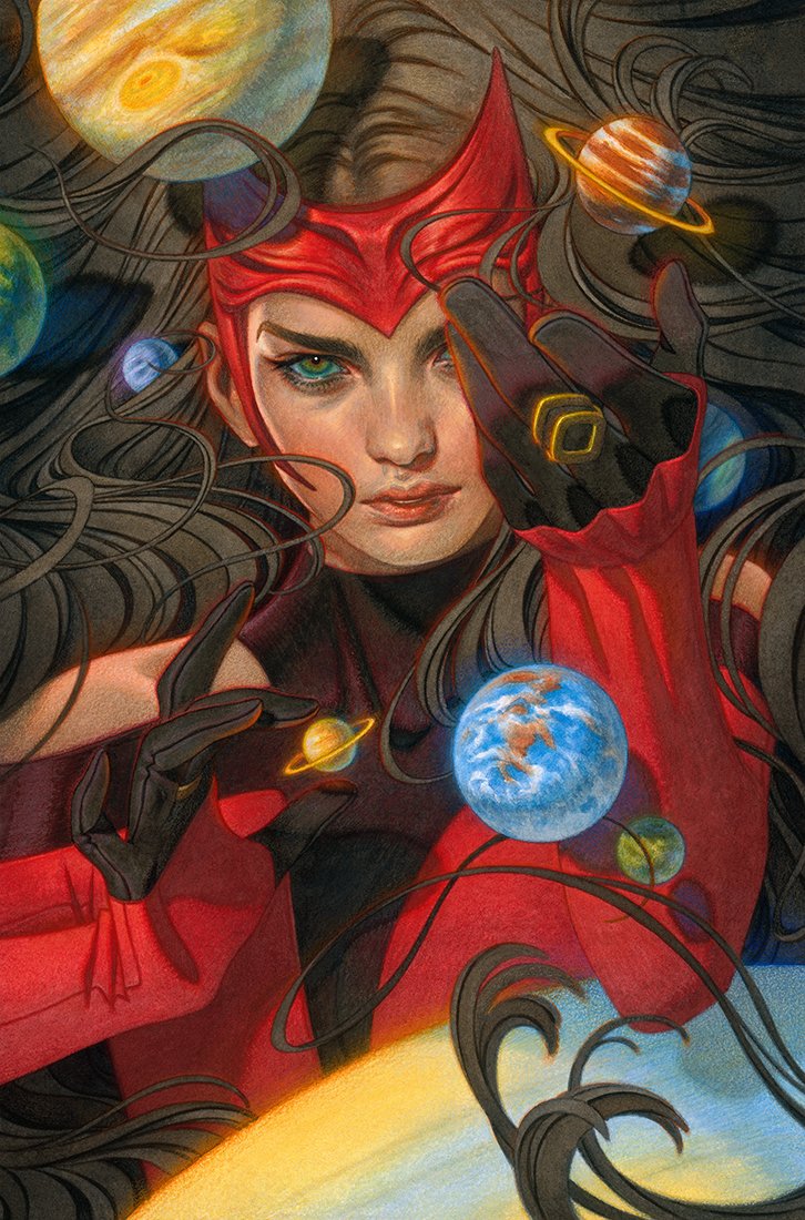 🧙‍♀️✨ 'Scarlet Witch,' acrylic & colored pencil on paper, 9x13.5' (original available & currently open to offers, contact mail@mynameistran.com). Excited to share my first comic cover - Scarlet Witch Issue #1 (2024) Variant for @Marvel! AD @EmilyNewcomen. #scarletwitch #marvel