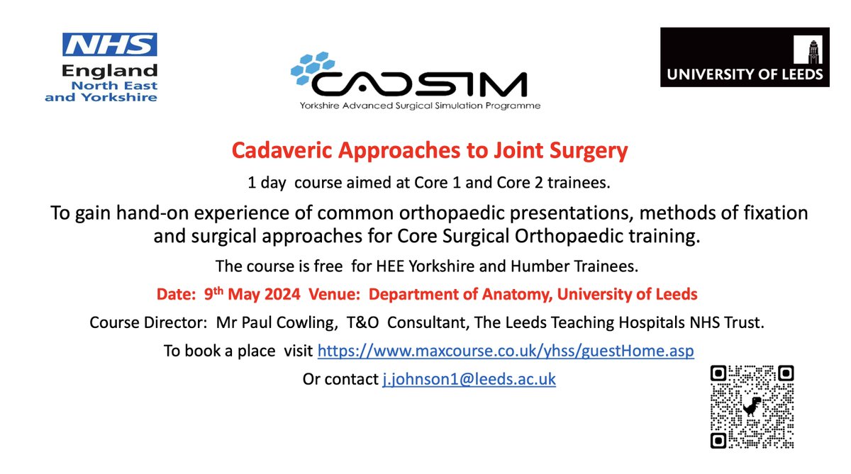 A new CADSIM course for CT1 & CT2 on Surgical Approaches to Joints by @CowlingSurgeon @YH_Trainees @NHSE_WTE @NHSHEE_NEY @LeedsHospitals @RCSnews @RCSEd @rcpsglasgow @bota_uk @jamestoml1 Register maxcourse.co.uk/yhss/guestCour…