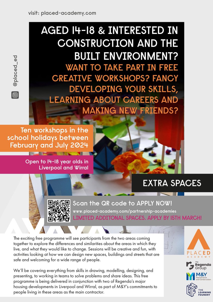 LIMITED ADDITIONAL SPACES AVAILABLE! 📣

Aged 14-18 and interested in construction and the built environment? Check out our FREE Partnership Academy with <a href="/TheRegendaGroup/">The Regenda Group</a>, <a href="/my_maintenance/">M&Y Maintenance and Construction</a> and <a href="/TLFtweet/">The Learning Foundry</a>!

Applications close 15th March, APPLY NOW: 🔗 bit.ly/3uO2aLA #PLACED