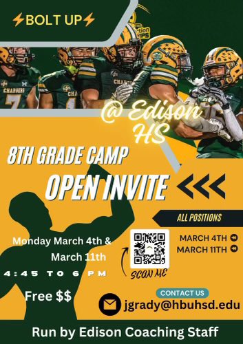 8th Grade Football Camp on Monday, March 4th from 4:30 to 6:00 PM. Again the following Monday, March 11th from 4:30 to 6:00 PM. ALL POSITIONS are welcomed. 8th graders ONLY. #proudtobeacharger⚡️ #boltup⚡️