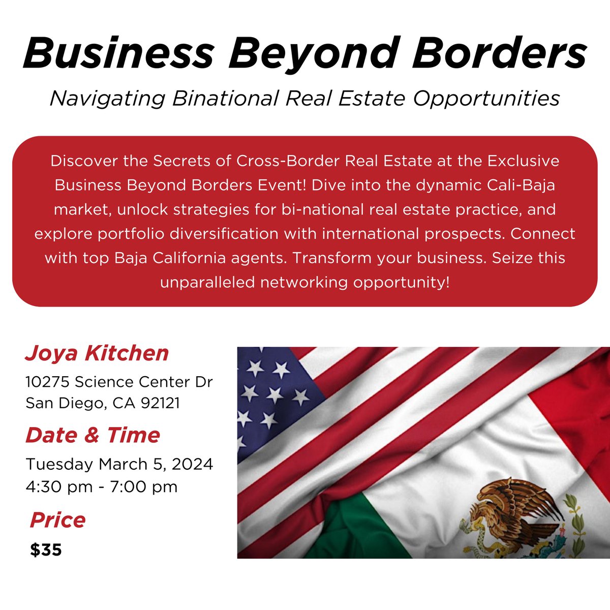 Join us on March 5th for our Business Beyond Borders Event! Learn all about Cross-Border Real Estate and expand your knowledge and skillset!

Register today at hubs.la/Q02mrJQg0 or hubs.la/Q02mrw0l0