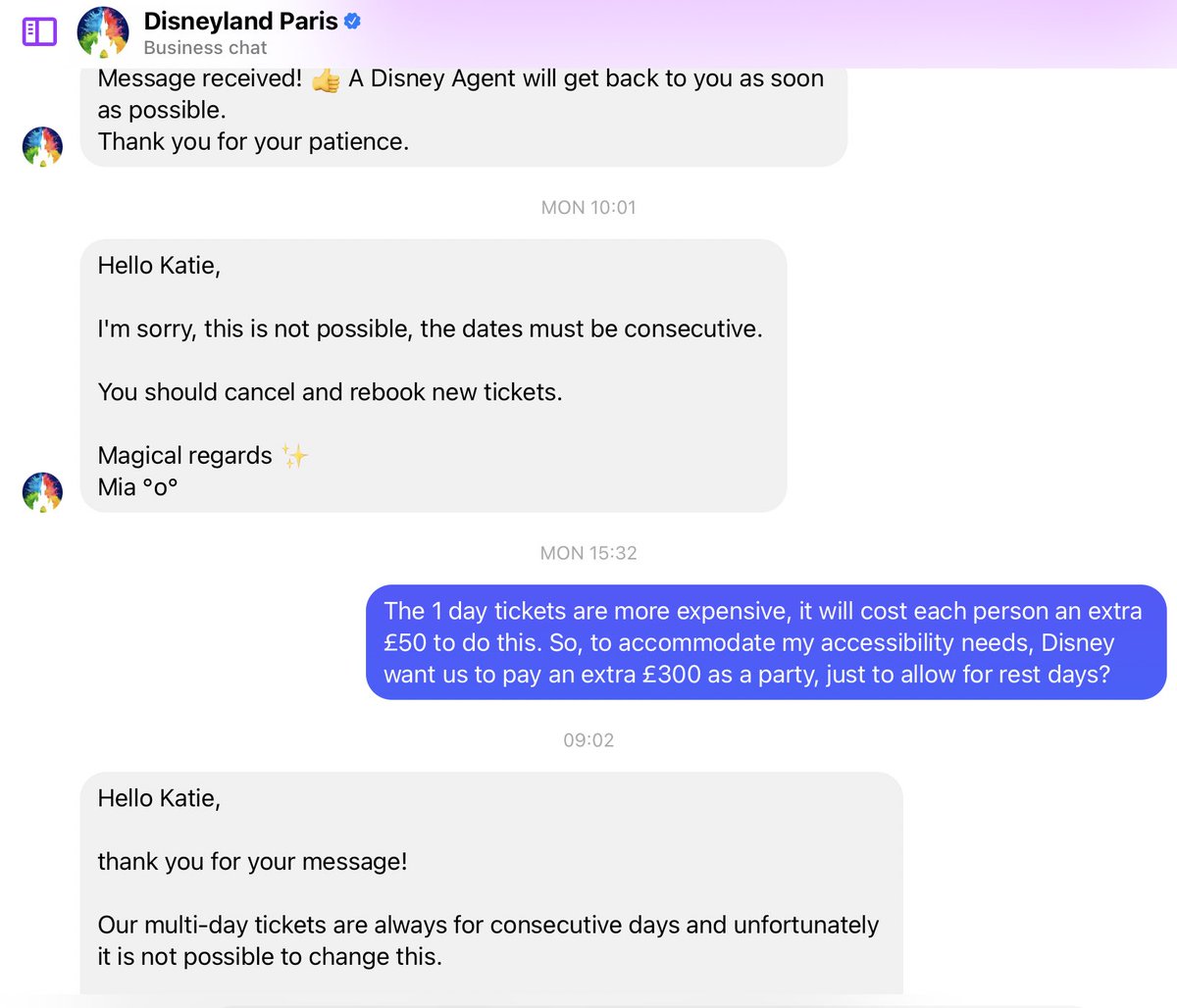 Shocking customer service from @DisneyParis_EN @DisneyParks. I have severe arthritis and am under a consultant for treatment. I can’t do 3 consecutive days on park, I need rest days. The response to this request is to cancel my 3 day ticket and book separate days, at extra cost.