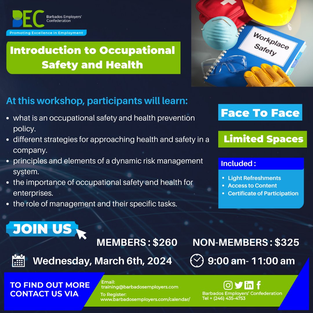 This #OSH workshop is for you. 
Click the link below👇 to register. barbadosemployers.com/events/intro-t…

#barbadosemployersconfederation #trainingworkshop #employers #occupationalsafetyandhealth