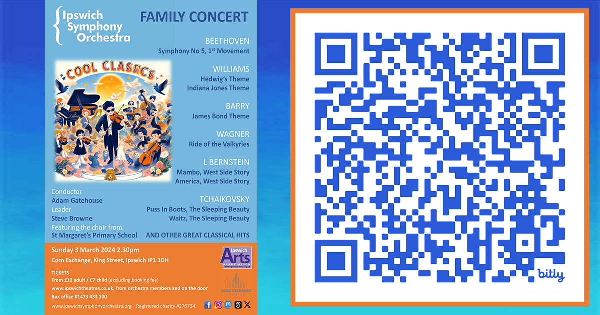 Ipswich Symphony Orchestra (@iosoctweet) on Twitter photo Wondering what do with the family this weekend? Our fun annual Family Concert is on Sunday afternoon! Just click on our link π or use the QR code π± for tickets in advance. We can't wait to play for you all very soon!
π bit.ly/ISOFamilyMarchβ¦
π΅οΈββοΈβ¦πππΌβπ»πΈπ’πβοΈπ§ββοΈπ€ β΅οΈπ¬π Wondering what do with the family this weekend? Our fun annual Family Concert is on Sunday afternoon! Just click on our link π or use the QR code π± for tickets in advance. We can't wait to play for you all very soon!
π bit.ly/ISOFamilyMarchβ¦
π΅οΈββοΈβ¦πππΌβπ»πΈπ’πβοΈπ§ββοΈπ€ β΅οΈπ¬π