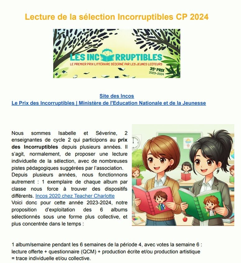 Isawatrinet's tweet image. #TeamPE #CP 
Cette année encore, avec @sevcosta nous avons produit une proposition d’exploitation des 6 albums de la sélection CP du Prix des #Incos : 1 album/semaine lecture offerte, rallye lecture, production d’écrits et arts !