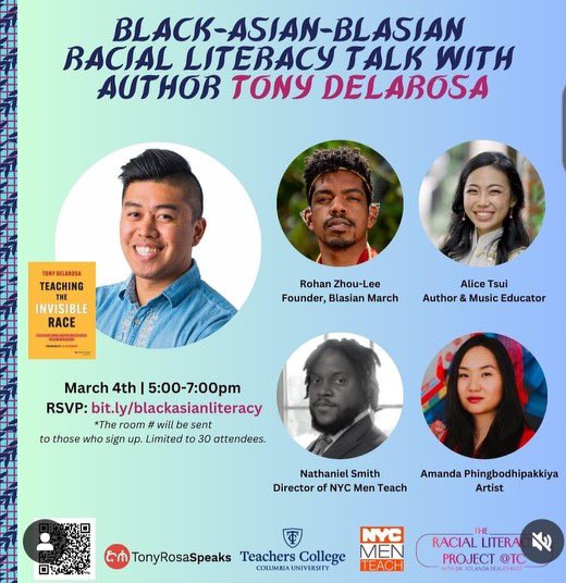 We are excited to announce another Racial Literacy Project @TeachersCollege in support of Black & Asian Solidarity! Register now to join @tonyrosaspeaks he discusses his book 'Teaching The Invisible Race' and be in conversation with a wonderful panel of colleagues and friends!