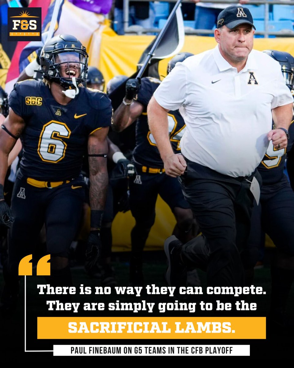 FraryandSmith's tweet image. 𝗦𝗔𝗖𝗥𝗜𝗙𝗜𝗖𝗜𝗔𝗟 𝗟𝗔𝗠𝗕𝗦

The Group of 5 will receive an AQ into the @CFBPlayoff the next 2 years!

@finebaum shared his thoughts on a recent episode of @AlwaysCFB.

Agree or disagree?
