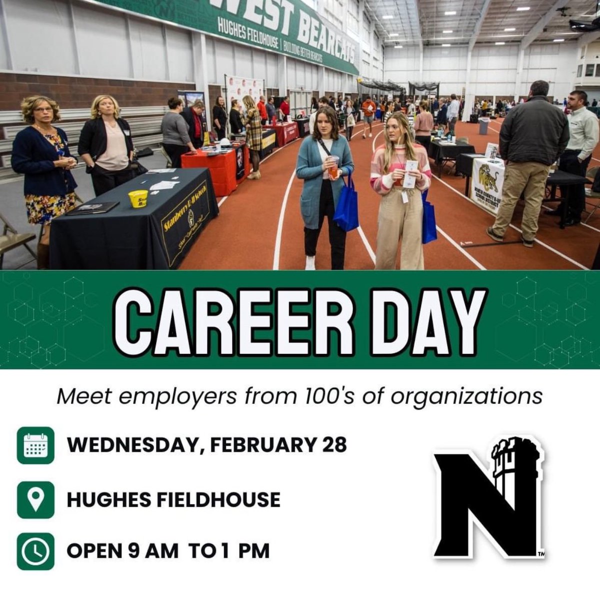 Career Day is tomorrow!!! Check out the Hughes Fieldhouse from 9-1 for the opportunity to meet and network with area employers - Bring your resumes if you have them and dress professionally 📝👔