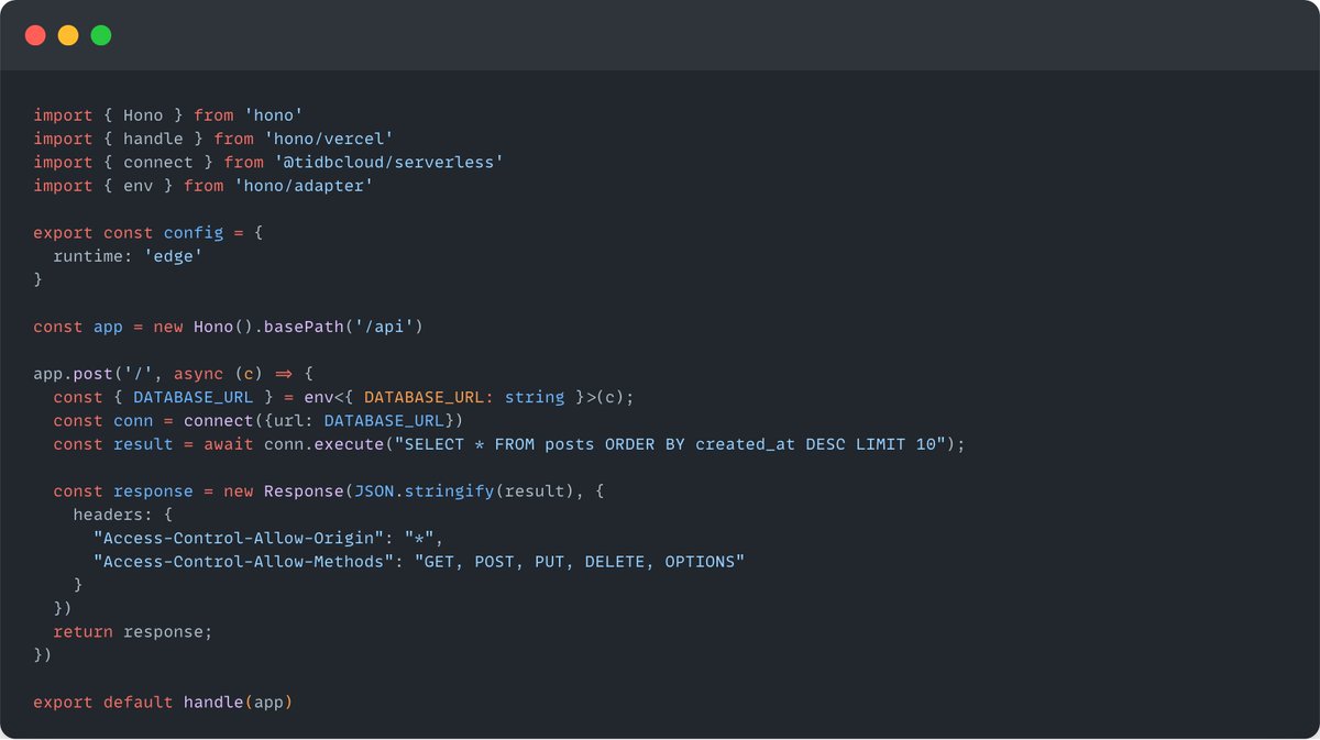 A simple code example demonstrates how to connect to TiDB Serverless using the <a href="/honojs/">Hono</a>  framework in a <a href="/vercel/">Vercel</a> Edge environment, which is very convenient.