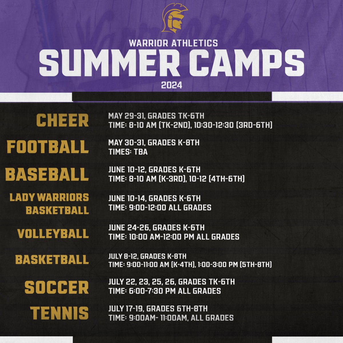MARK YOUR CALENDARS!! One of our favorite parts of summer is seeing all of our Little Warriors with our high school athletes. As you are planning your summer, keep these dates in mind. Signups will be in May!