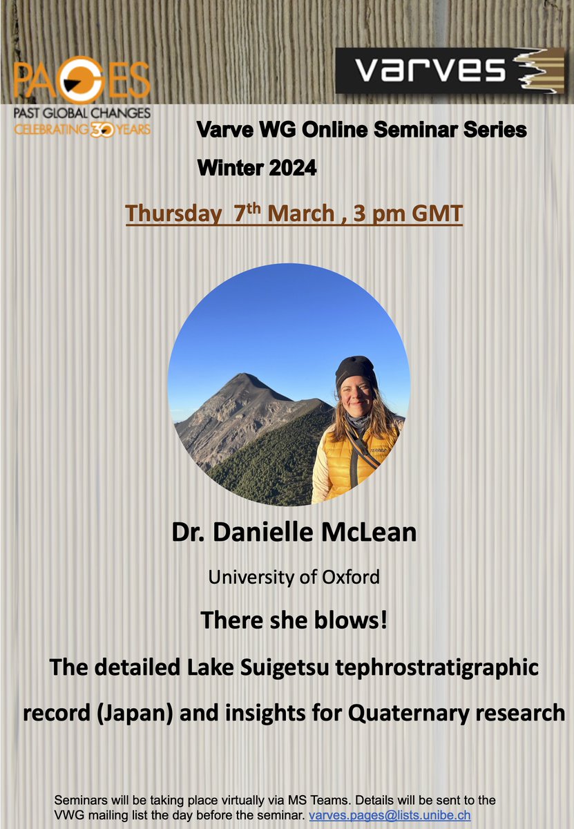 Exciting News: the next VWG Online Seminar 14 will be given by Danielle MacLean on the 7/3/24. It will explore her work on the tephrastratigraphy of the Lake Suigetsu valve record - one of the best annual chronologies available for recent environmental change. 1/2