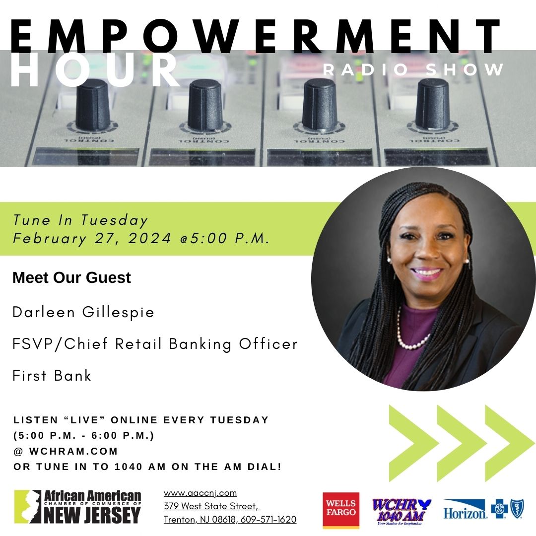 AACCNJ's tweet image. 📻 Tune in for AACCNJ's Empowerment Hour Radio Show today at 5 PM! 🎙️ Hosted by John E. Harmon, Sr., Founder &amp;amp; CEO of AACCNJ. Special Guests: Darleen Gillespie, FSVP/Chief Retail Banking Officer, First Bank &amp;amp; Ella Graham, President, Homeowners 1st LLC.  

#EmpowermentHour #AACCNJ