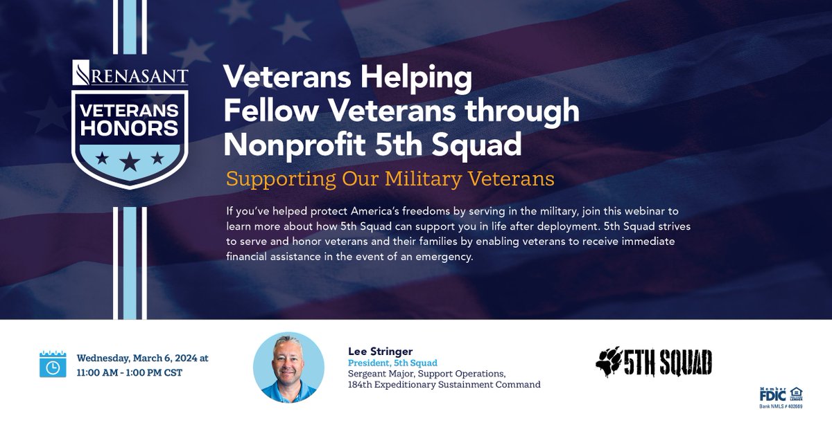 Join us Wednesday, March 6 for this free webinar to learn more about how 5th Squad can support veterans and their families after deployment. Register today - bit.ly/3SPXYmJ. #Veterans #SupportOurVeterans #SupportingVeterans