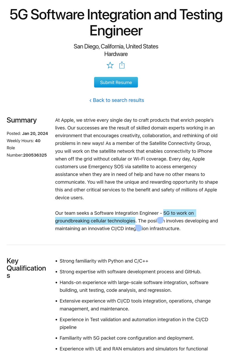 Megaconstellati's tweet image. In past 5 weeks @apple added 3 job openings in its Satellite Connectivity Group related to 5G (jobs.apple.com/en-us/search?l…) incl. &quot;Software Engineer - 5G Core&quot; &amp;amp; &quot;5G Software Integration and Testing Engineer&quot; indicating efforts to upgrade @Globalstar&apos;s radio Interface to 5G NTN
$GSAT