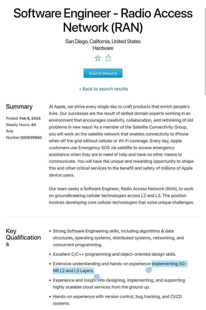 Megaconstellati's tweet image. In past 5 weeks @apple added 3 job openings in its Satellite Connectivity Group related to 5G (jobs.apple.com/en-us/search?l…) incl. &quot;Software Engineer - 5G Core&quot; &amp;amp; &quot;5G Software Integration and Testing Engineer&quot; indicating efforts to upgrade @Globalstar&apos;s radio Interface to 5G NTN
$GSAT
