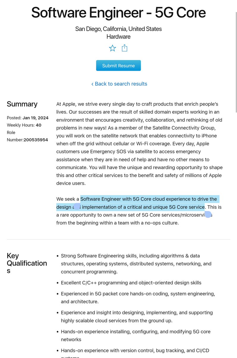 Megaconstellati's tweet image. In past 5 weeks @apple added 3 job openings in its Satellite Connectivity Group related to 5G (jobs.apple.com/en-us/search?l…) incl. &quot;Software Engineer - 5G Core&quot; &amp;amp; &quot;5G Software Integration and Testing Engineer&quot; indicating efforts to upgrade @Globalstar&apos;s radio Interface to 5G NTN
$GSAT