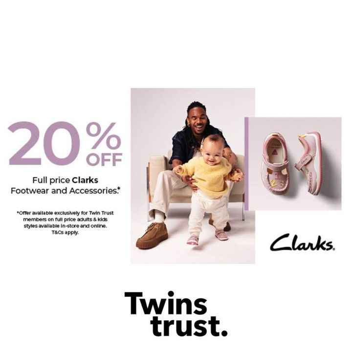 📣 The Clarks Twins Trust Event! 👟 From 1st – 10th March, Twins Trust members can enjoy exclusive discount on full price adult’s and children’s shoes & accessories. T&Cs apply – ask staff for more details.