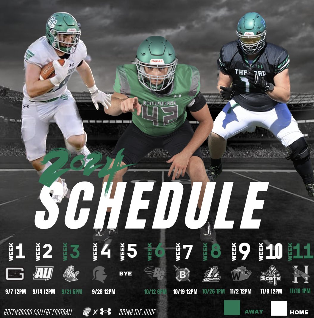 Our 2024 Schedule is here! 🦁

Mark your calendars! 📆 Homecoming will be September 28th vs Southern Virginia!! 🟢⚪️

#BringTheJuice  X  #BackTheBoro