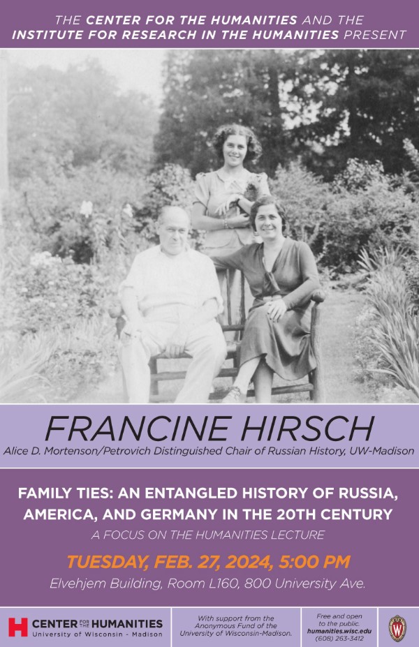 Happening TODAY!! Francine Hirsch will give a talk titled, 'Family Ties: An Entangled History of Russia, America, and Germany in the 20th Century' @ the Elvehjem Building, Room L160 starting @ 5:00 PM. @UWHumanities