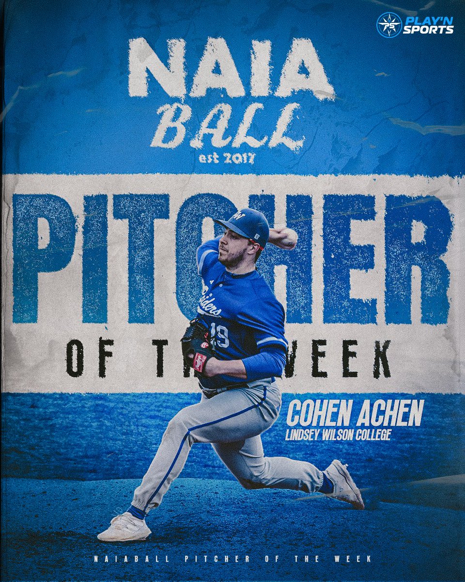 The NAIA Ball Pitcher of the Week sponsored by
@playnsportsplus is Lindsey Wilson's Cohen Achen!

Achen made two appearances, one being a start against  Goshen striking out 16 batters, while not giving up any runs. 

Full line: 8IP, 0R, 4H, 18Ks
Read here: bit.ly/3Te0wMx