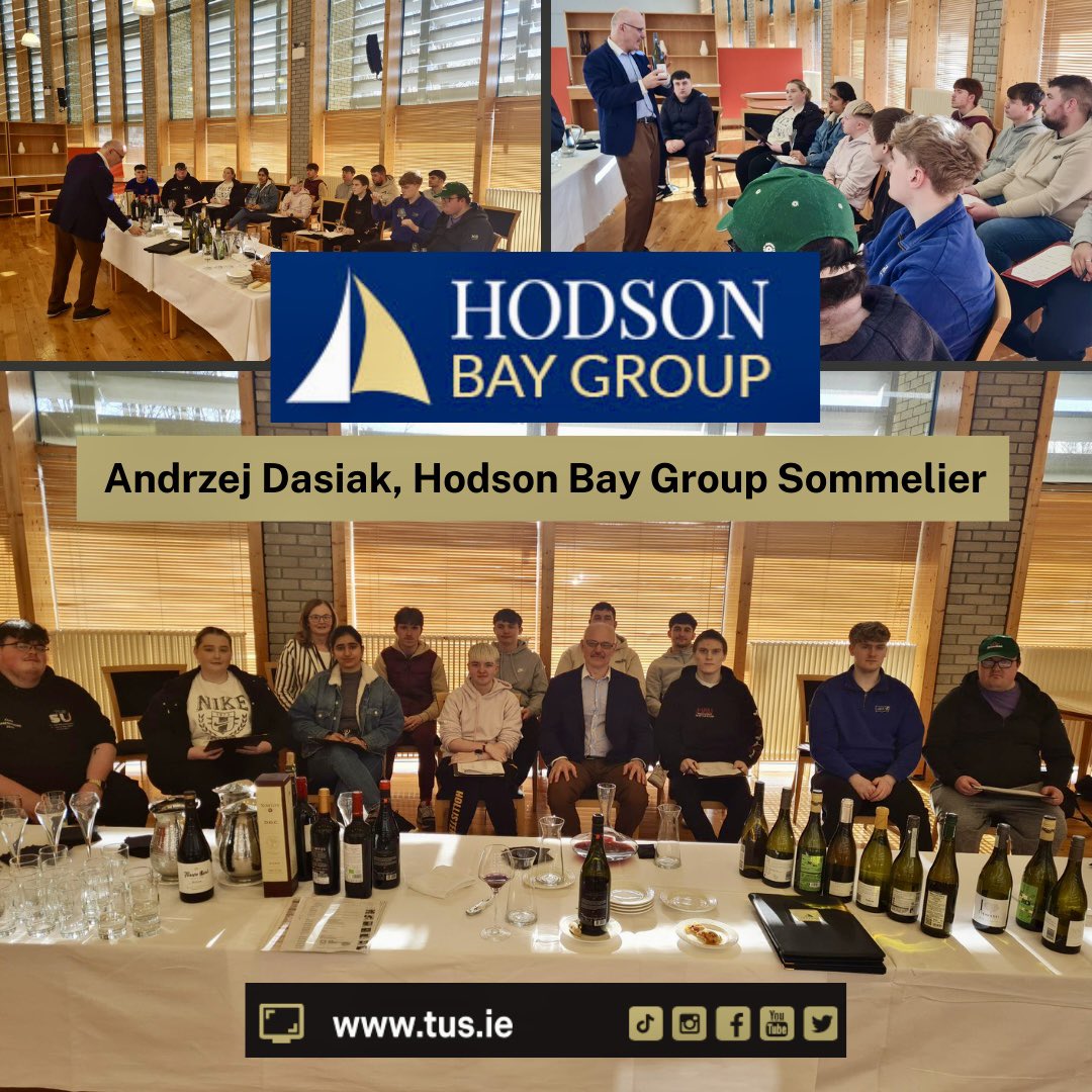 Grateful to Andrzej Dasiak, Hodson Bay Group Sommelier for sharing his expert knowledge on wines with some of our second-year Hospitality Management & Bar Supervision Students @TUS_Athlone_ Thank you to @TUS_ie Lecturer Dymphna Scanlon for arranging this industry-led session.
