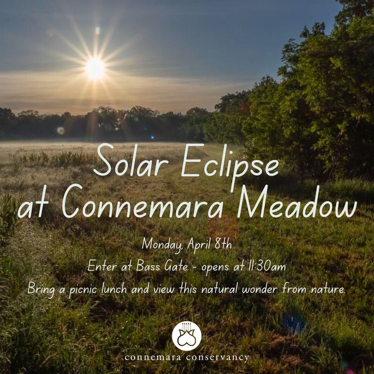 View this rare celestial event from the beautiful Connemara Meadow. 
Parking available inside the Bass Gate (behind the intersection of Bass Drive and Roberta Drive in Plano) – gate opens at 11:30am.
Bring a picnic lunch and enjoy the view!