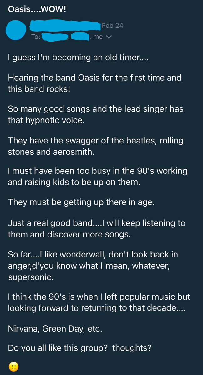limekle's tweet photo. My dad sent me (and my brothers) an unsolicited email praising Oasis in the year 2024, and I’ve now spent 3 days trying to figure out how to respond. https://t.co/F1AneoTQQ1